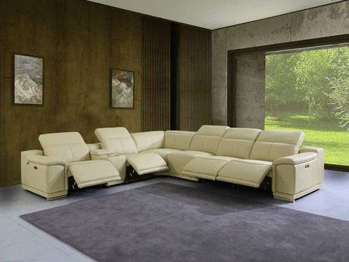 Beige Italian Leather Power Recline L Shape Seven Piece Corner Sectional With Console - 606114151487