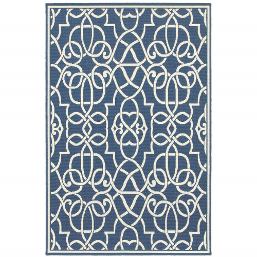 5' X 8' Navy Geometric Stain Resistant Indoor Outdoor Area Rug - 606114574552