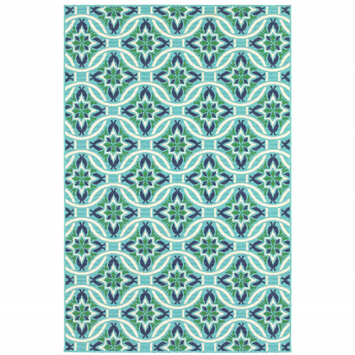 9' X 13' Blue Geometric Stain Resistant Indoor Outdoor Area Rug - 606114575221