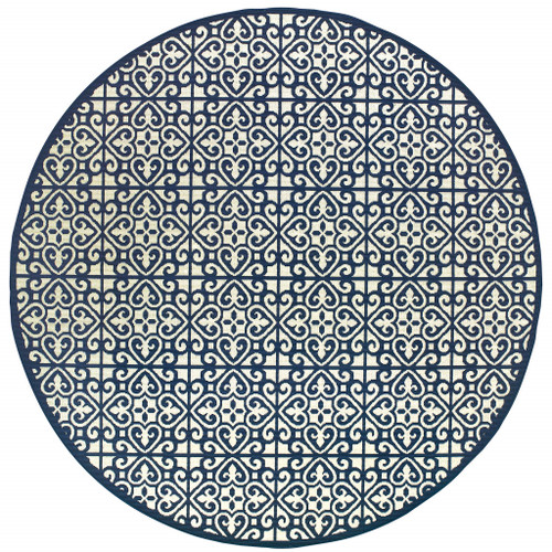 8' Round Ivory Round Geometric Stain Resistant Indoor Outdoor Area Rug - 606114685654