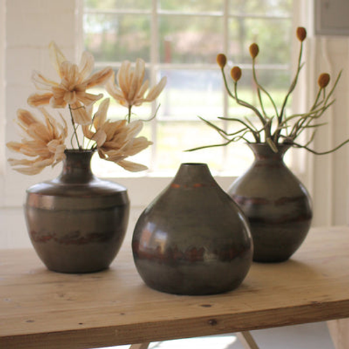 Set Of Three Raw Metal Vases With Copper Detail - 841628145113