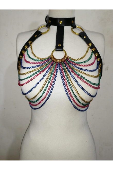 Faux Leather & Rainbow Metallic Chain Harness - 655222104137