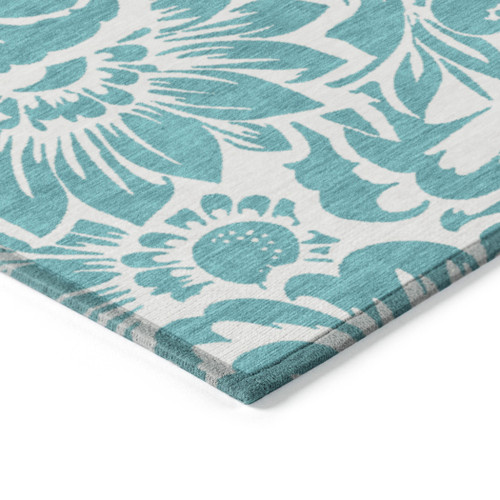 9' X 12' Teal and Ivory Floral Washable Non Skid Indoor Outdoor Area Rug