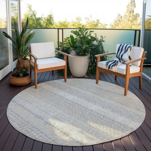 8' Ivory Round Striped Washable Indoor Outdoor Area Rug - 608219120986
