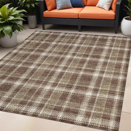 5' X 8' Chocolate and Ivory Plaid Washable Non Skid Indoor Outdoor Area Rug 5' X 8' Chocolate and Ivory Plaid Washable Non Skid Indoor Outdoor Area Rug