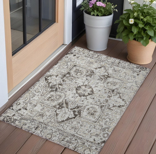 2' X 3' Ivory and Dark Brown Oriental Washable Non Skid Indoor Outdoor Area Rug 2' X 3' Ivory and Dark Brown Oriental Washable Non Skid Indoor Outdoor Area Rug