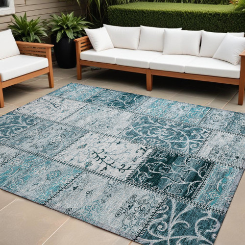 10' X 14' Teal Patchwork Washable Non Skid Indoor Outdoor Area Rug 10' X 14' Teal Patchwork Washable Non Skid Indoor Outdoor Area Rug
