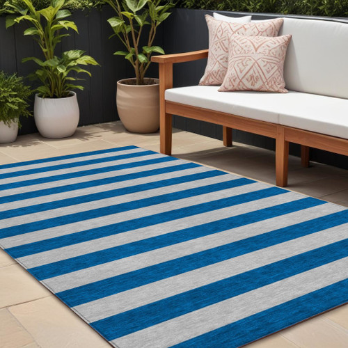 10' X 14' Blue and Ivory Striped Washable Indoor Outdoor Area Rug 10' X 14' Blue and Ivory Striped Washable Indoor Outdoor Area Rug