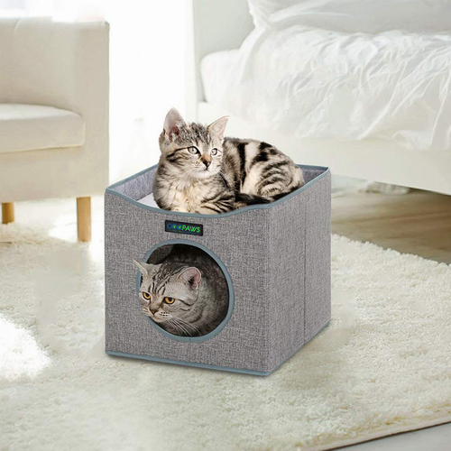 JESPET Foldable Cat Condo, Cat Cube House & Sleepping Bed with Lying Surface and 2 Reversible Cushions, Cat Hiding Place, Cat Cave, Linenette Fabric, Felt and Engineered Wood, Scratch Resista