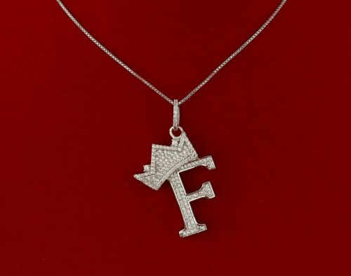 10k White Gold Finish Crown Alphabet Silver Pendant With Lab Created Diamonds