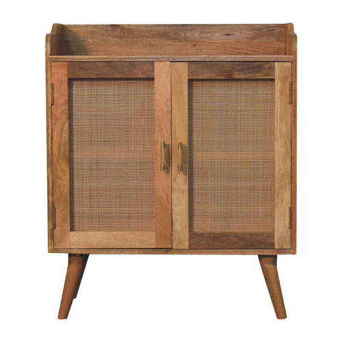 Distressed Solid Wood Inlaid Rattan Accent Cabinet With Two Doors