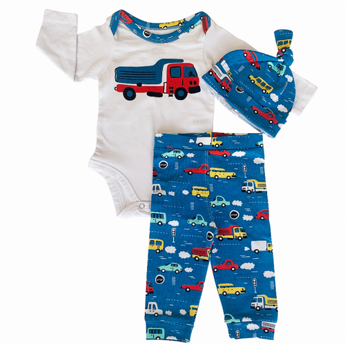 AnnLoren Baby Boys Layette Cars Trucks Long Sleeve Onesie Pants Cap 3piece Gift Set
