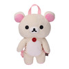 Korilakkuma plush bag with soft white and pink design, spacious interior, and kawaii character face detail at Jellybeet