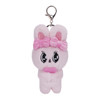 Esther Bunny plush keychain with pink ribbon detail, soft kawaii bunny charm for keys and bags at Jellybeet