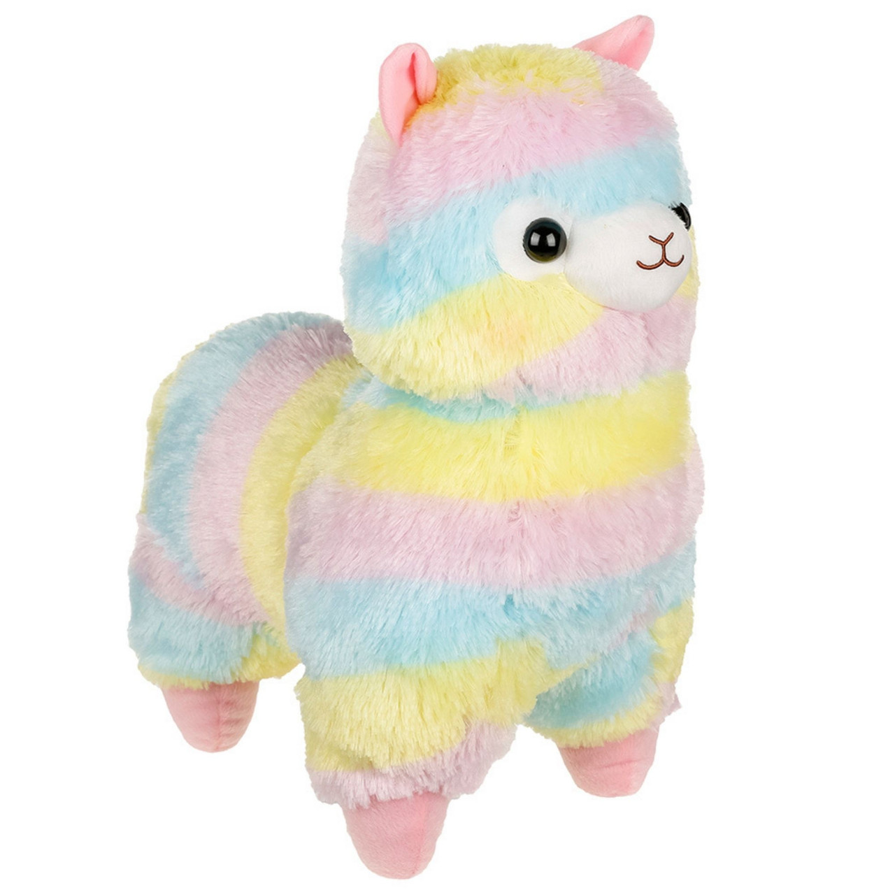 Plush toy of an alpaca with rainbow stripes
