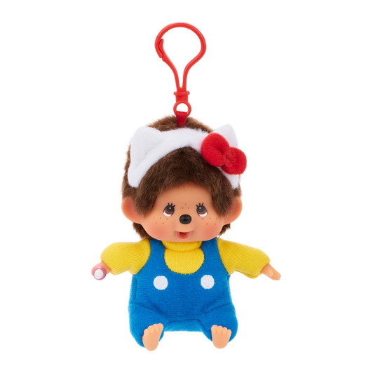 Hello Kitty x Monchhichi Big Head keychain with red bow headband and Hello Kitty outfit, 4.7 inch brown plush monkey at Jellybeet