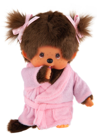 Monchhichi Bathrobe Girl 8-inch plush toy in pink bathrobe, soft kawaii collectible with adorable face at Jellybeet