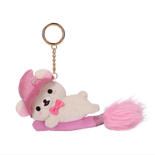 Korilakkuma Magic Plush Keychain with soft white fur, red button nose, and metal keyring attachment for bags and keys at Jellybeet