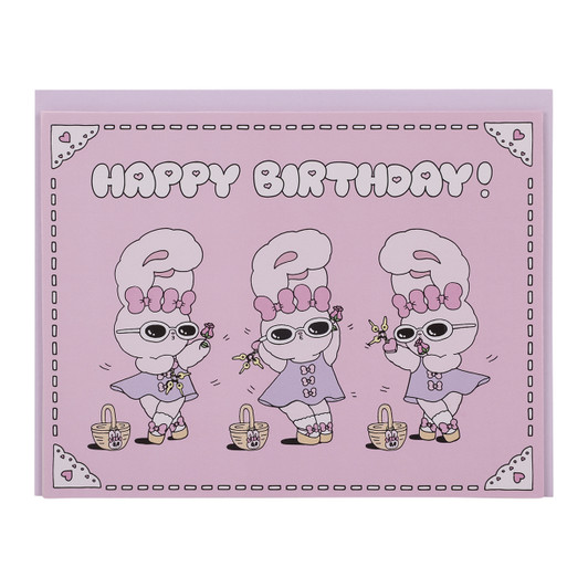 Esther Bunny birthday cards with pastel kawaii design, cute bunny character greeting cards for kids and celebrations at Jellybeet
