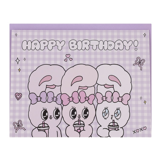 Esther Bunny birthday card with kawaii bunny character design and colorful whimsical illustration at Jellybeet