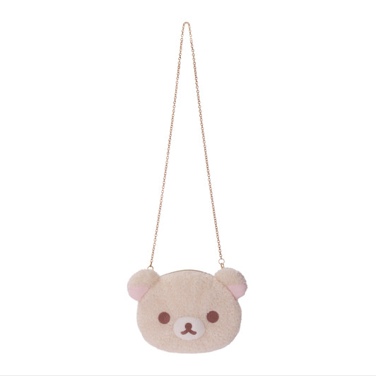 Korilakkuma white bear face plush shoulder bag with adjustable strap, soft texture, compact size for everyday use at Jellybeet