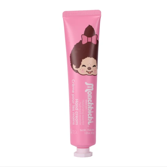 Monchhichi Pink Hand Cream tube with kawaii character design for soft hydrated hands at Jellybeet