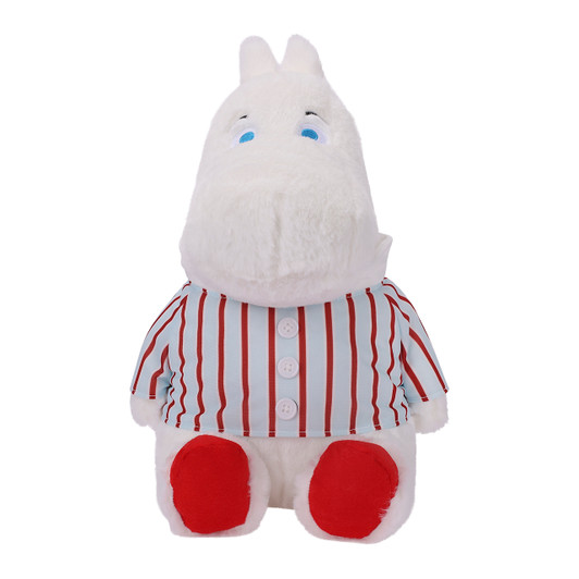 Cozy Moomin plush toy in blue pajamas, 10 inches tall, soft white character from Nordic Moomin tales at Jellybeet