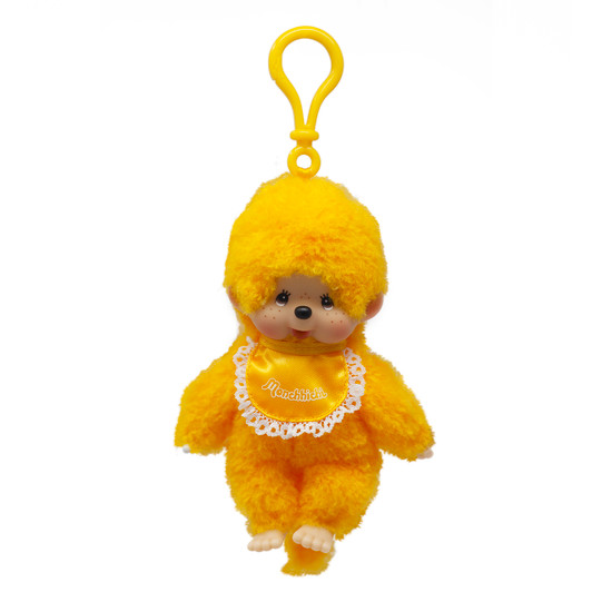 Monchhichi Lacie plush toy with vibrant orange satin bib, soft cuddly character for collectors at Jellybeet