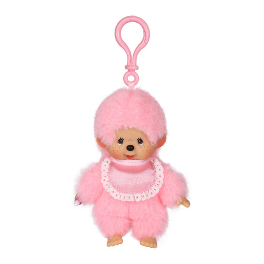 Monchhichi COLORS Lacie keychain plush with light pink satin bib, compact kawaii bag charm at Jellybeet