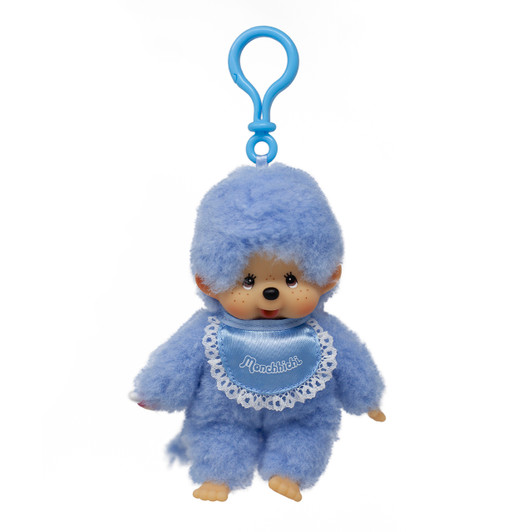 Monchhichi Lacie plush keychain with blue satin bib, 4-inch collectible charm at Jellybeet