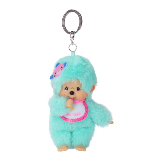 Monchhichi Aquamarine Plush Keychain soft miniature character accessory with clip for keys and bags at Jellybeet