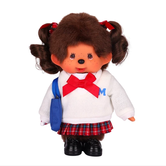 Monchhichi Japanese Retro High School Girl Plush in schoolgirl uniform, soft cuddly kawaii collectible toy at Jellybeet