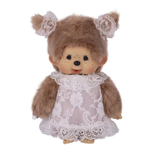 Monchhichi Beige Girl Plush with White Lace Dress - Soft Kawaii Collectible Toy at Jellybeet