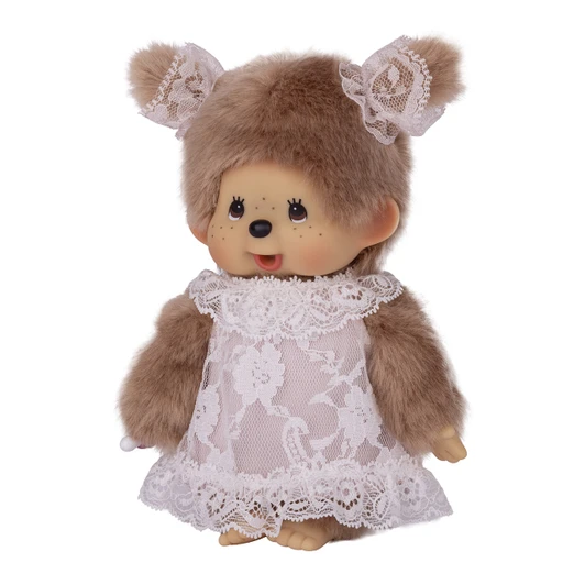 Monchhichi Beige Girl Plush with White Lace Dress | Jellybeet - Left Angle