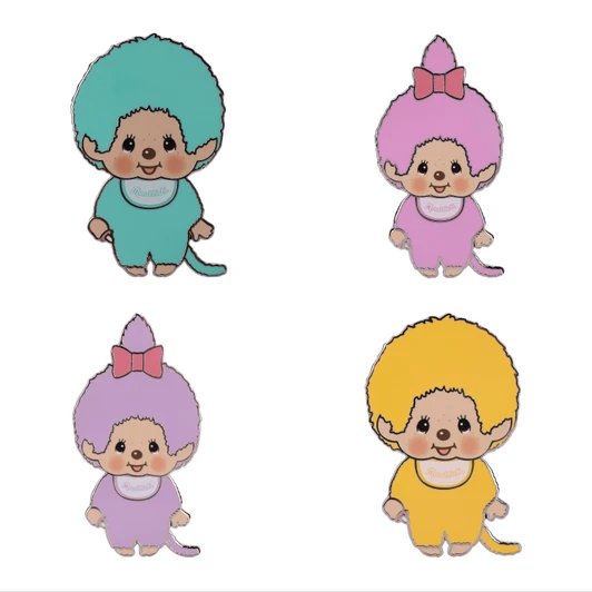 Monchhichi Enamel Pin Blind Box Set featuring four colorful kawaii collectible character pins in gift packaging at Jellybeet