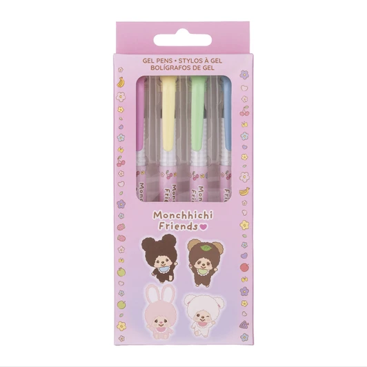 Monchhichi Friends Gel Pen Set with 4 character pens featuring smooth ink and kawaii designs for school and office at Jellybeet