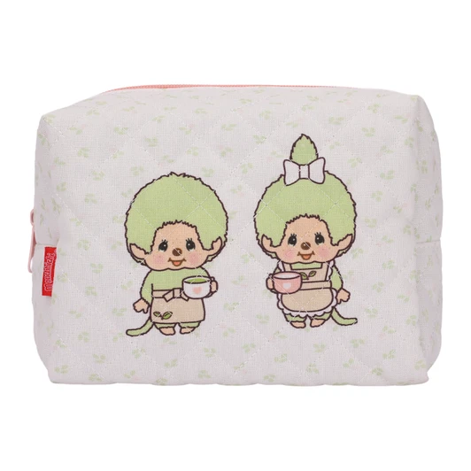 Pink Monchhichi makeup pouch with kawaii character design, compact cosmetic bag for travel and daily use at Jellybeet