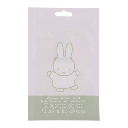 Miffy Acne Patches pack with 30 hydrocolloid pimple patches infused with tea tree oil and aloe vera at Jellybeet
