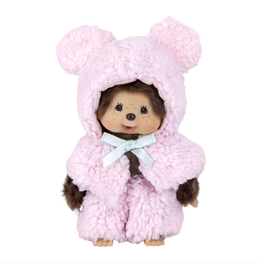 Monchhichi Boy doll wearing pink bear hoodie cape costume with soft plush material and cute bear details at Jellybeet