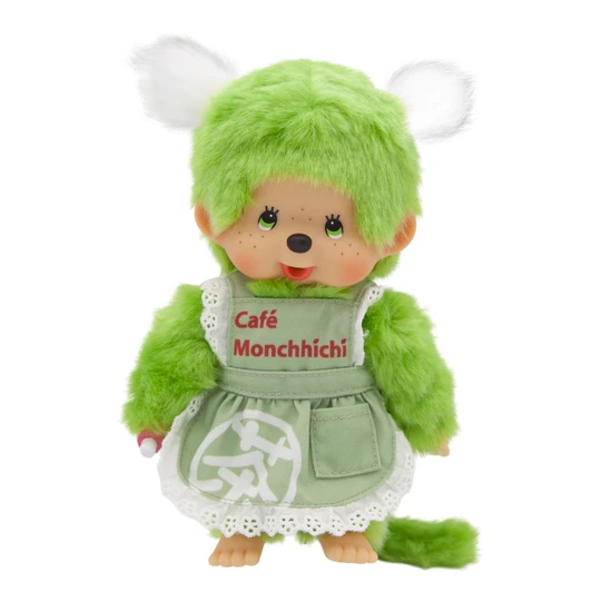 Monchhichi Green Tea Apron Girl plush toy with soft brown fur and green apron, official AQI collectible at Jellybeet