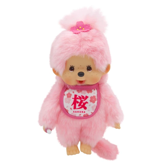 Monchhichi Sakura Girl Doll in pink cherry blossom outfit, 8 inch soft plush toy with brown fur and adorable face at Jellybeet