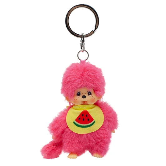 Monchhichi Fruits COLORS Watermelon Keychain plush charm with vibrant pink and green fruity design on white background at Jellybeet