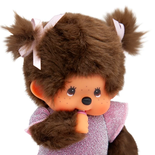 Monchhichi Glitter Dress Pink Girl plush toy with sparkling pink outfit and soft cuddly fabric - Close Up