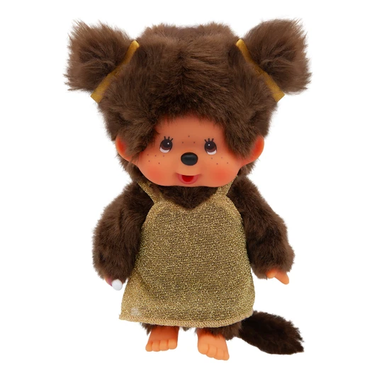Monchhichi Glitter Dress Gold Girl plush toy with shimmering golden dress and soft huggable body at Jellybeet