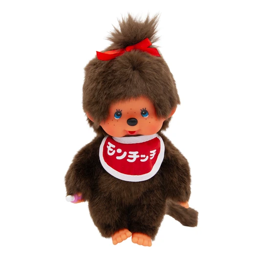 Monchhichi plush toy with blue eyes and authentic Japanese logo, soft and cuddly for collectors and kids at Jellybeet