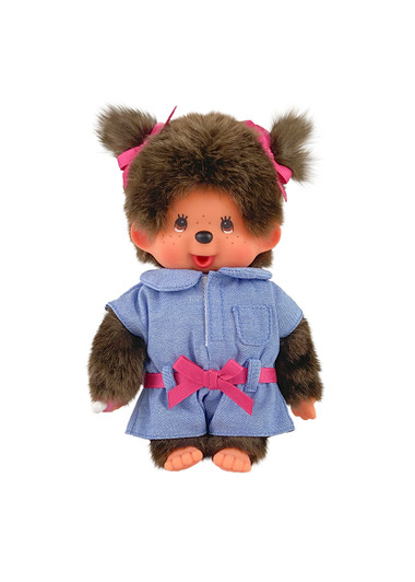 Monchhichi Denim Dungaree Girl Plush Toy - Front Angle Monchhichi Denim Dungaree Girl Plush Toy - Front Angle