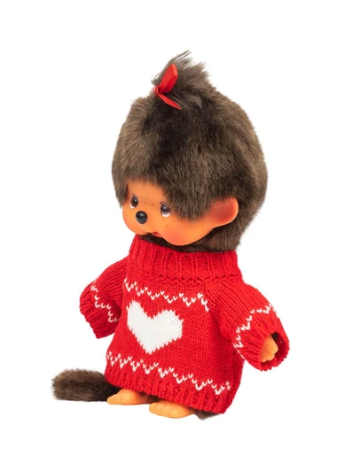Monchhichi Girl Dressed in Red Heart Sweater Plush Toy - Left Angle