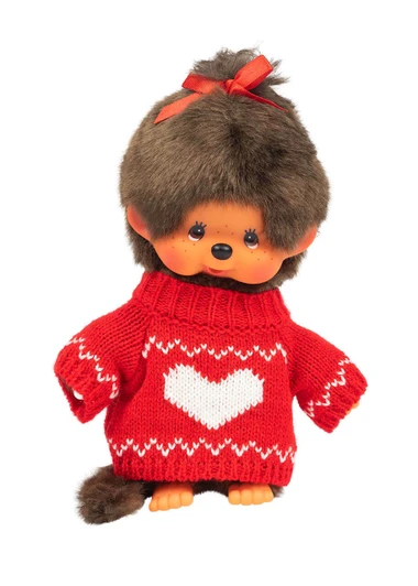 Monchhichi Girl Dressed in Red Heart Sweater Plush Toy - Front
