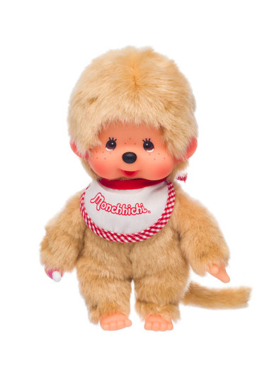 Monchhichi Beige Boy With Bib - Red/White - Front Angle Monchhichi Beige Boy With Bib - Red/White - Front Angle