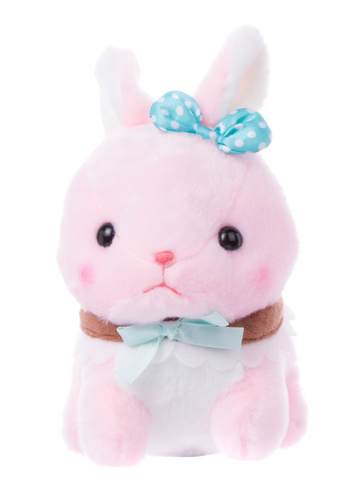 Amuse Raspberry Bunny Plush with Baby Blue Bow Front Angle